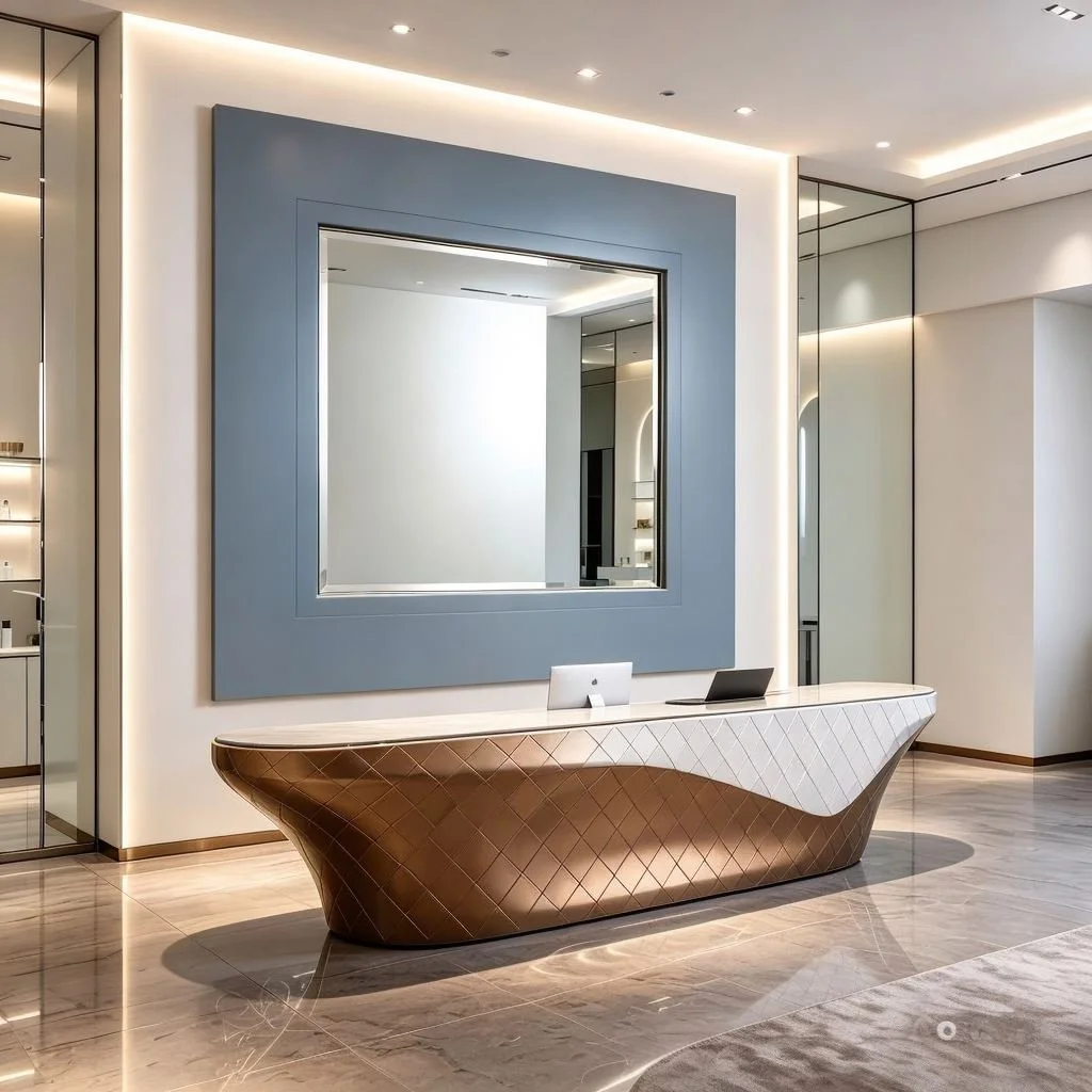 Modern reception desk with a curved design, combining white and metallic copper tones, in a contemporary lobby. A large mirror and mirror-paneled walls are visible in the background.