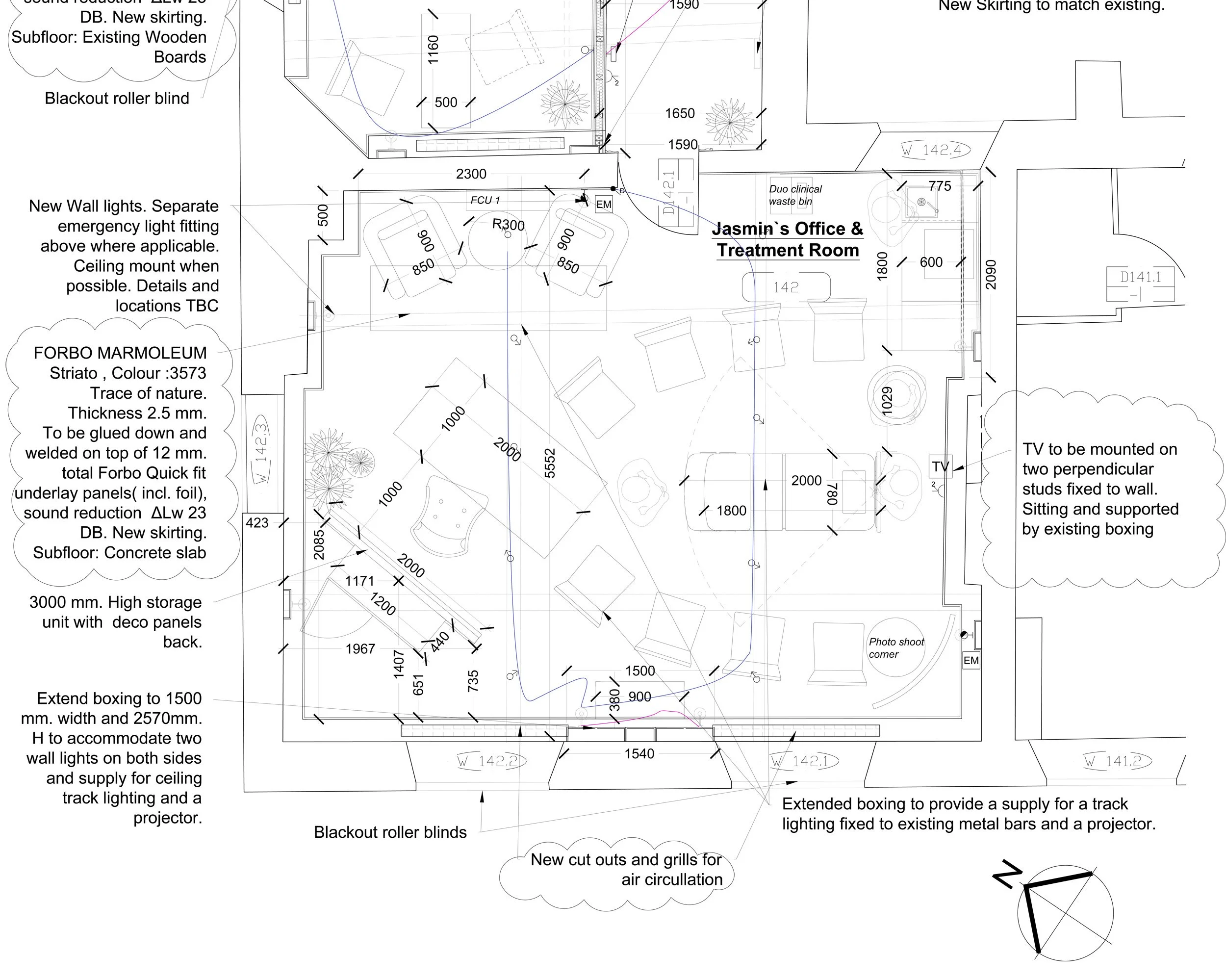 A technical architectural floor plan showing detailed measurements and notes for a room labeled 'Jasmin's Office & Treatment Room.' The plan includes various elements like furniture, lighting, walls, and construction specifications.