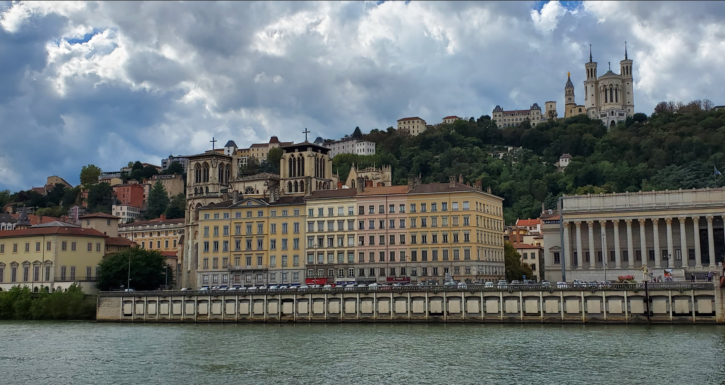 Scenic view of Notre-Dame de Fourvière from across the Saône in Lyon