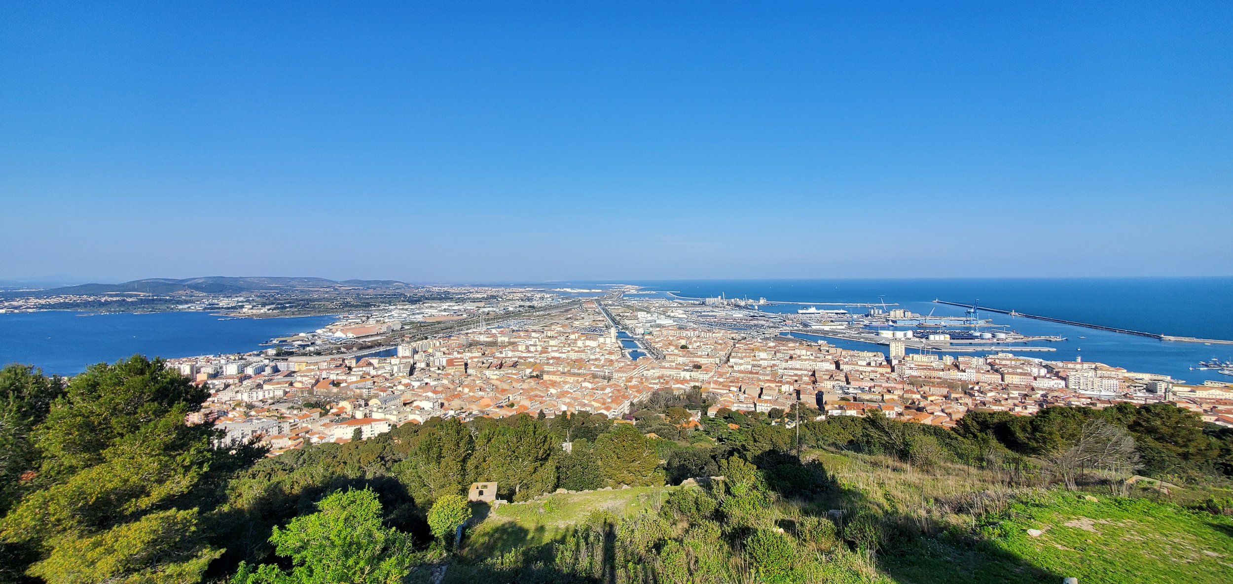 Panoramic view of Sète from Mont Saint-Clair — sea on one side, lagoon on the other