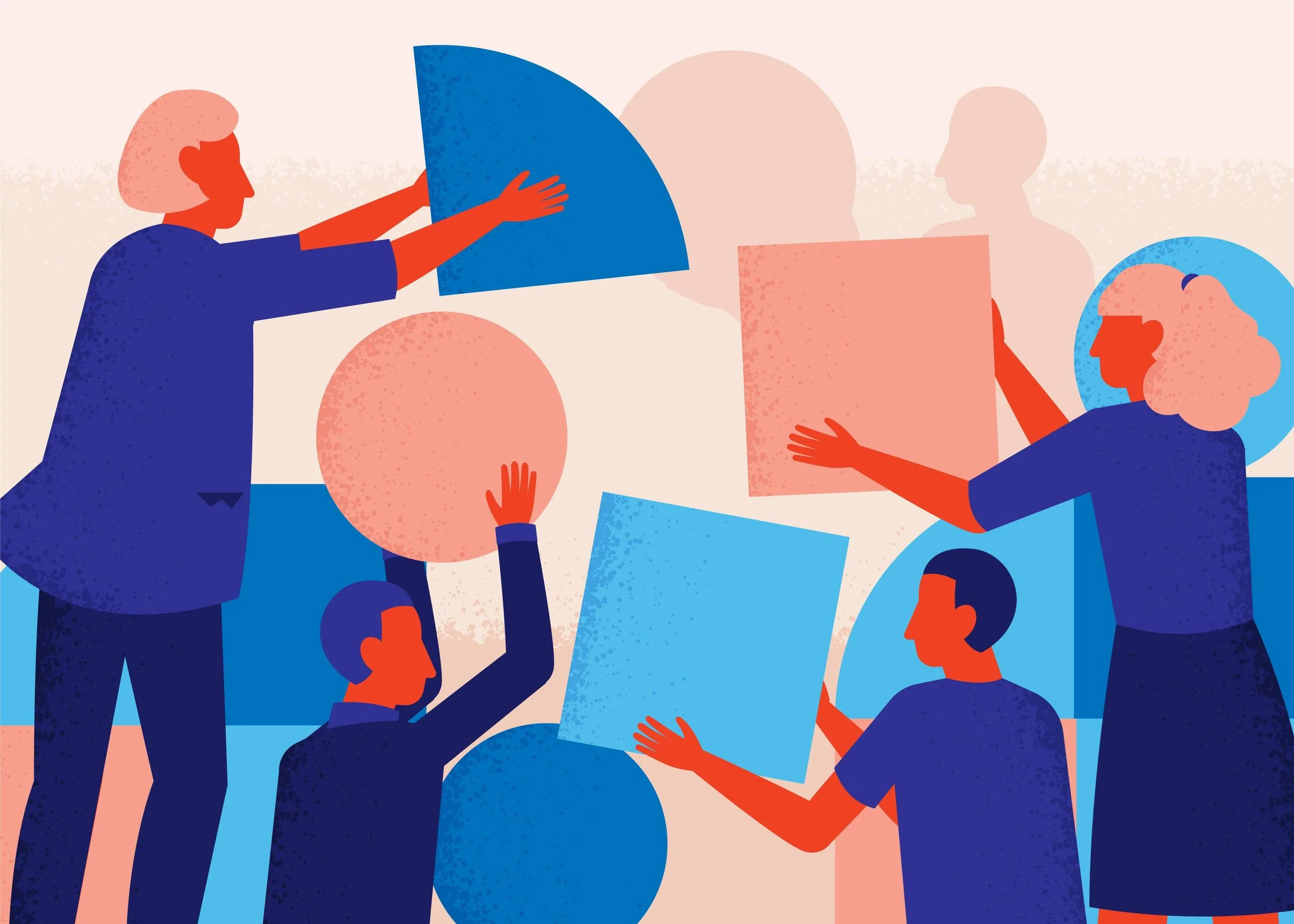 Illustration abstraite de quatre personnes discutant, échangeant des formes géométriques colorées, dans des tons de bleu, orange et beige.