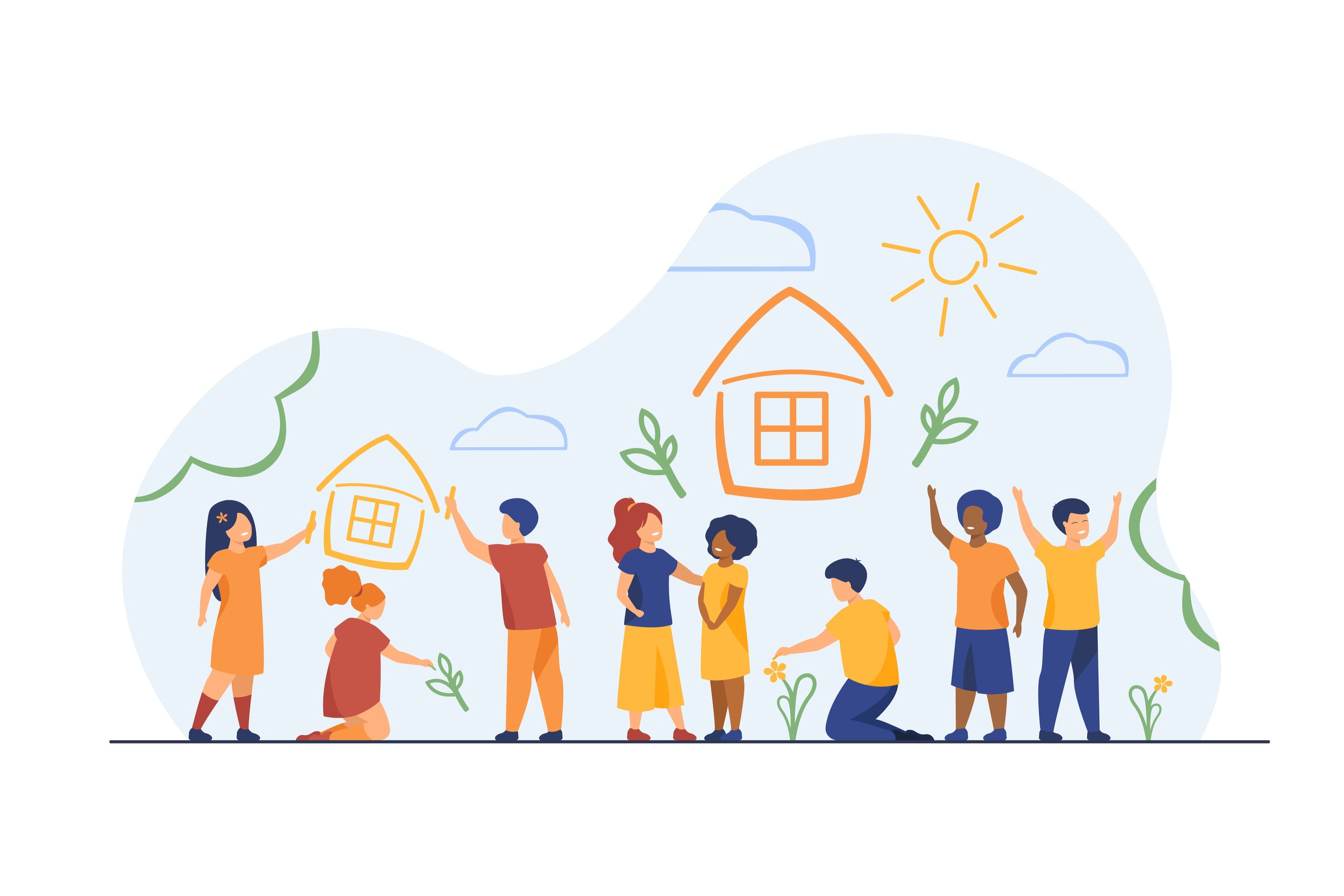 Groupe d'enfants et d'adultes jouant et partageant dans un environnement en plein air avec des dessins de maisons, de soleil, de nuages et de plantes, représentant un moment convivial et joyeux en nature.