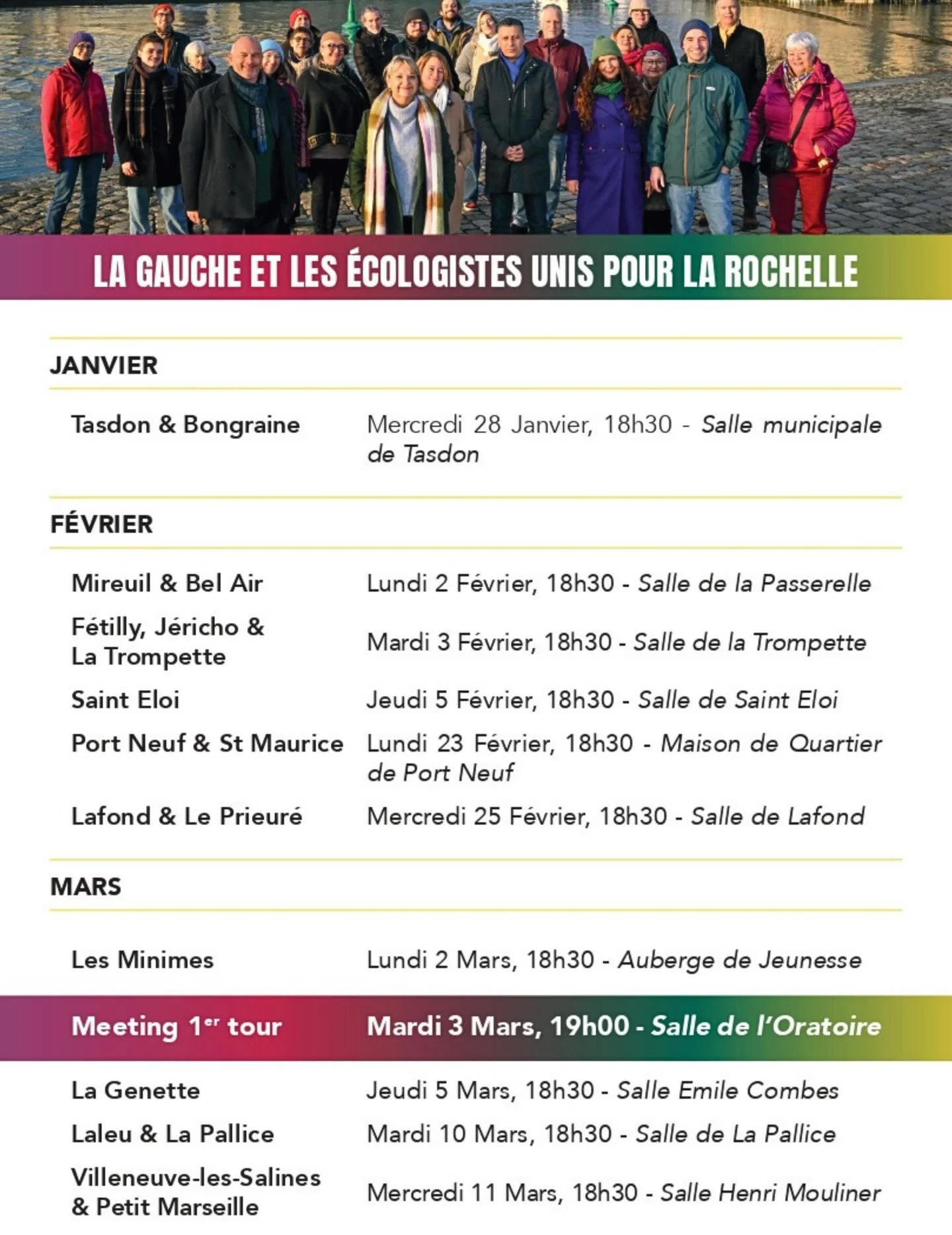 📅 Venez &eacute;changer avec nous dans vos quartiers
Parce que l&rsquo;avenir de La Rochelle se construit avec celles et ceux qui y vivent, nous allons &agrave; votre rencontre pour &eacute;changer, &eacute;couter et d&eacute;battre de notre projet.