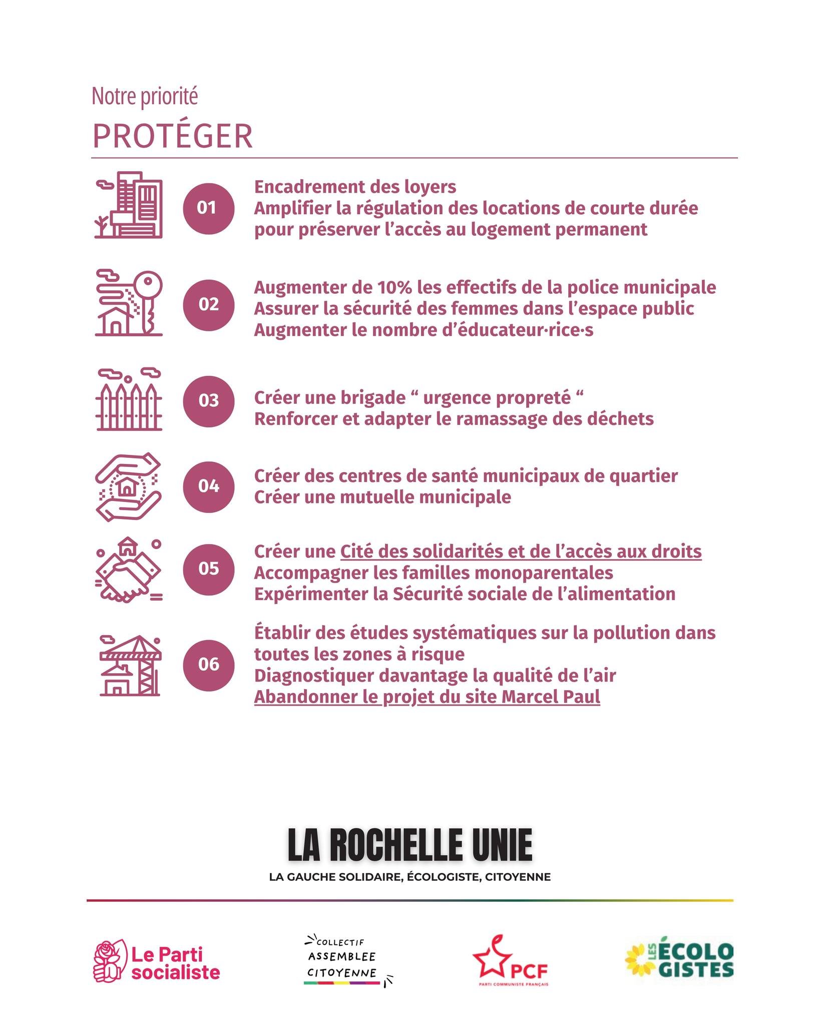 ❓ Pourquoi choisir Maryline Simon&eacute; et La Rochelle Unie ?

Parce que nous avons une boussole claire :

🛡️ Prot&eacute;ger
Encadrer les loyers, r&eacute;guler les locations touristiques, renforcer la s&eacute;curit&eacute;, agir pour la sant&ea