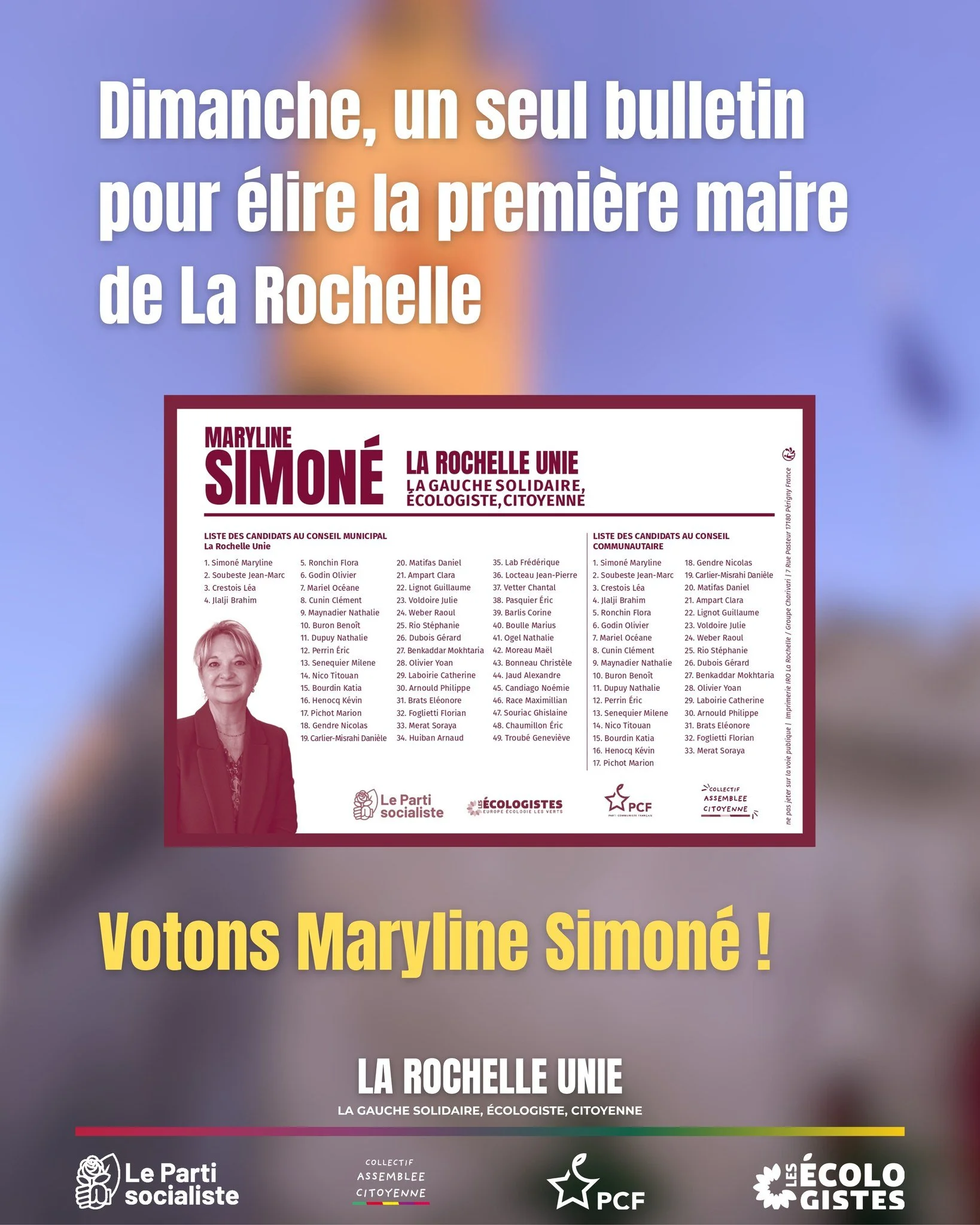 🗳️ Dimanche, un seul bulletin pour faire gagner la gauche et voir la premi&egrave;re maire de La Rochelle

Choisir La Rochelle Unie, c&rsquo;est faire le choix d&rsquo;une ville plus juste, plus &eacute;cologique et plus participative

Ce dimanche, 