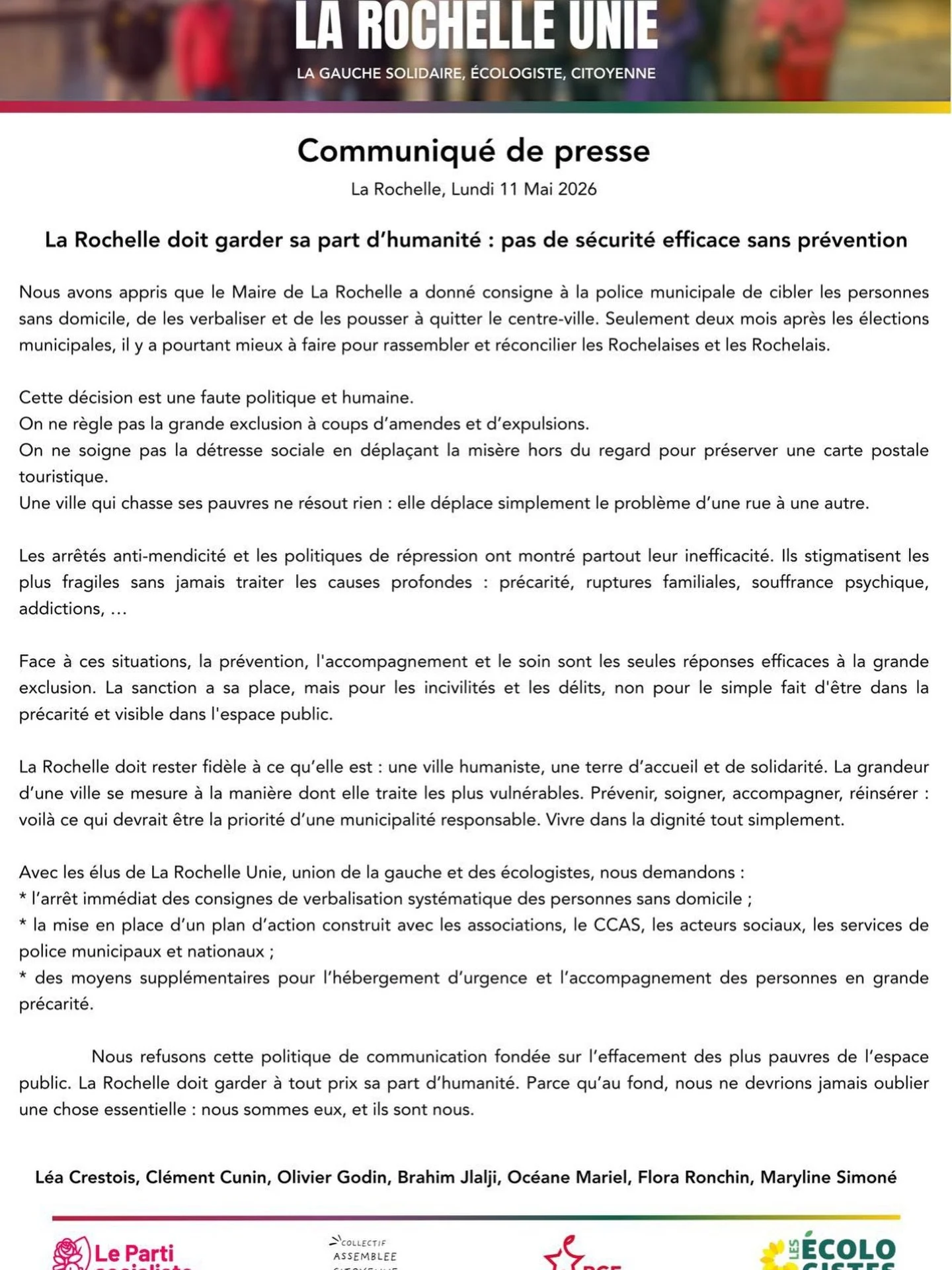 Notre communiqu&eacute; de presse suite aux consignes du Maire &agrave; la police municipale de La Rochelle de chasser les sans-abri du centre-ville. Une d&eacute;cision inhumaine et d&eacute;magogique. 

#larochelleunie #larochelle