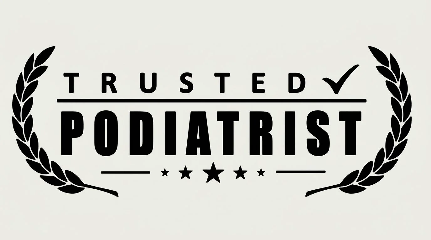 Black and white logo that reads 'Trusted Podiatrist' with laurel branches on both sides, stars at the bottom, and a checkmark above the letter 'D'.