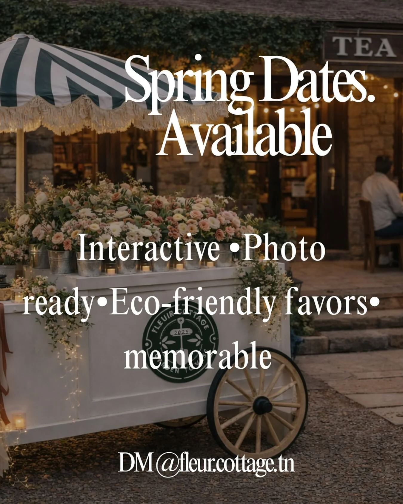⸻

🌸 The Fleur Cottage Flower Cart

One cart. Four purposes. All the joy.

✨ Interactive floral experience &ndash; Guests pick their own stems.
✨ Built-in party activity &ndash; No extra games or entertainment needed.
✨ Photo-ready backdrop &ndash; 