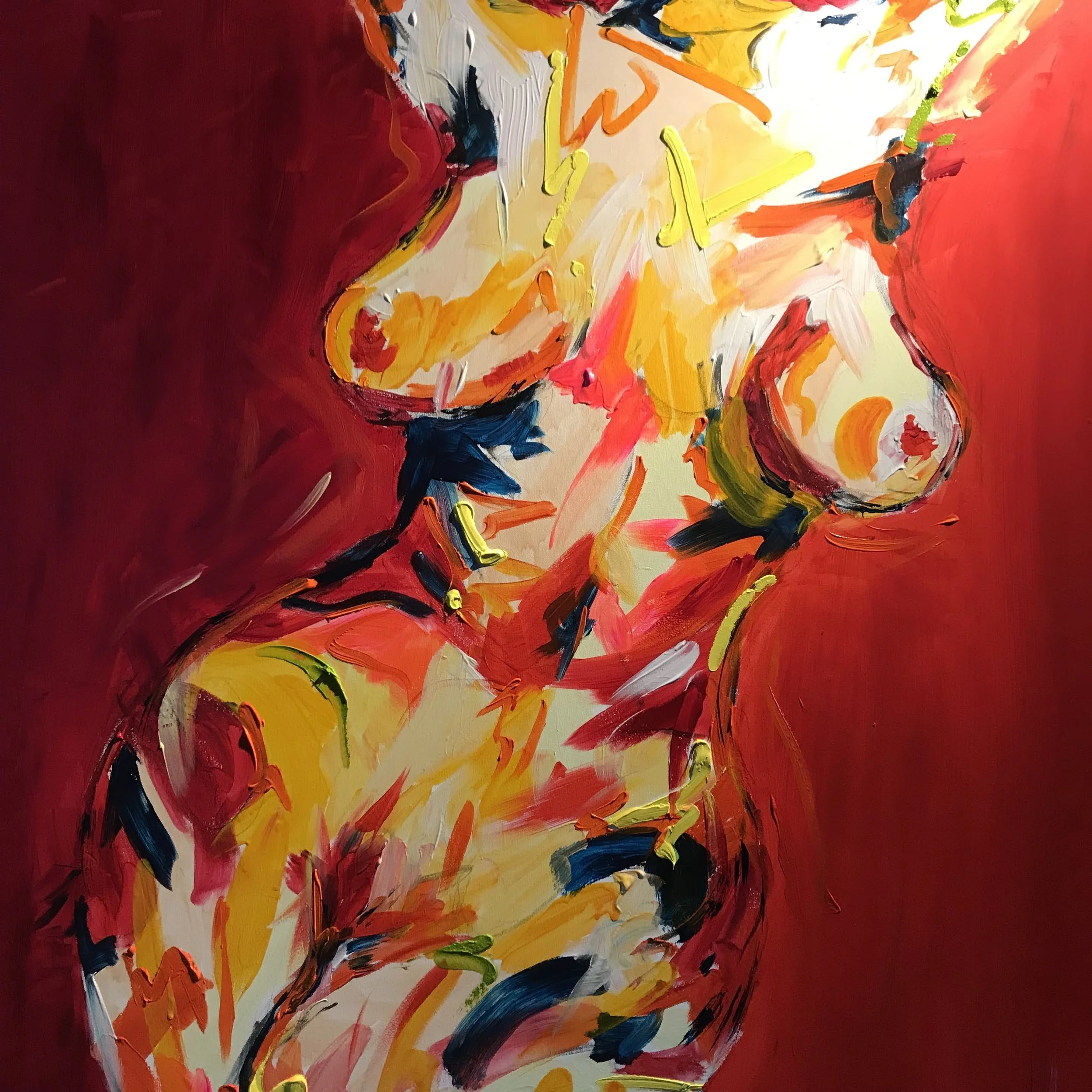 Abstract painting of a female nude figure with bold brushstrokes in red, yellow, orange, black, and white colors.