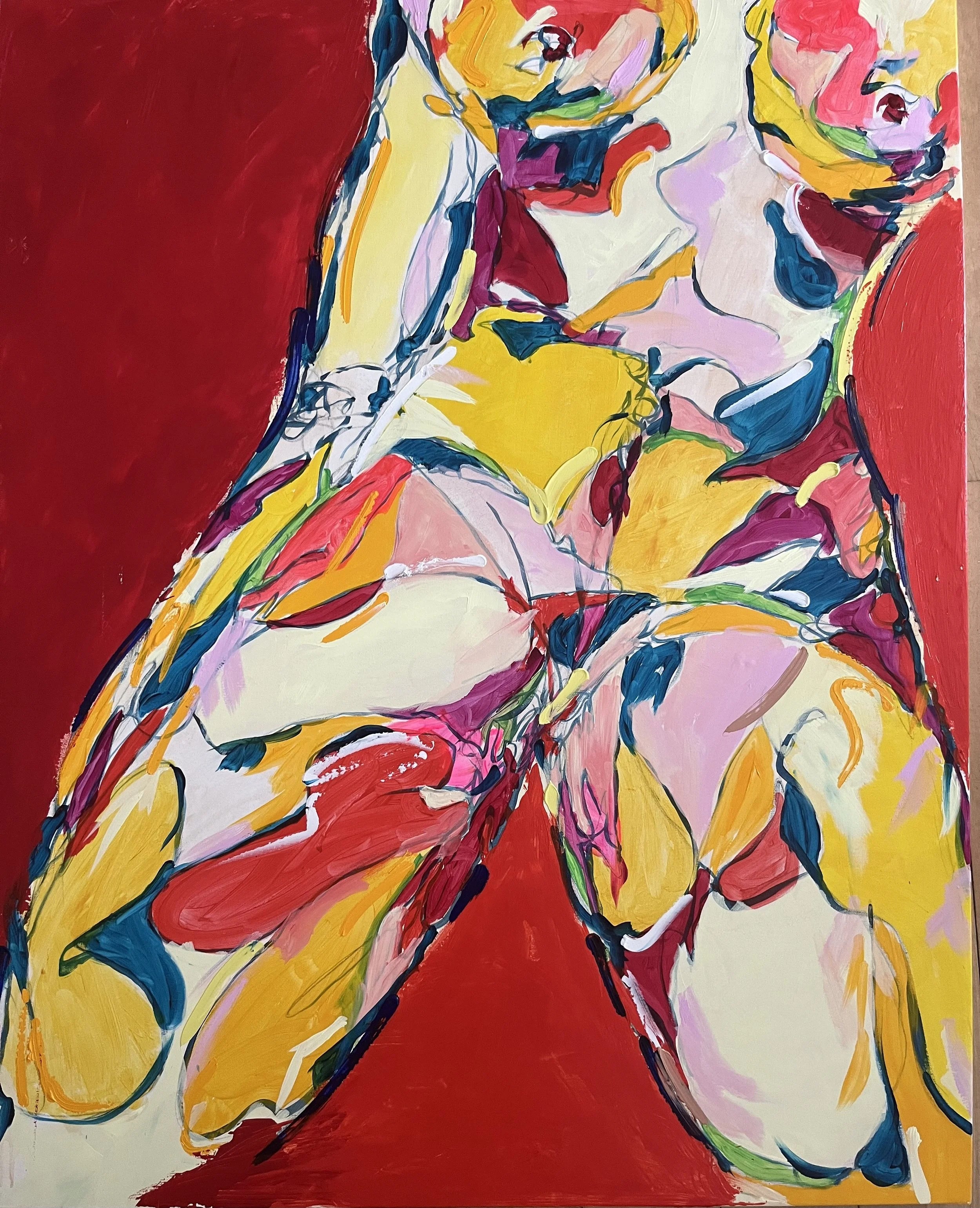 An abstract painting of a seated female figure with exaggerated curves, using bold colors like red, yellow, pink, blue, and white on a red background.