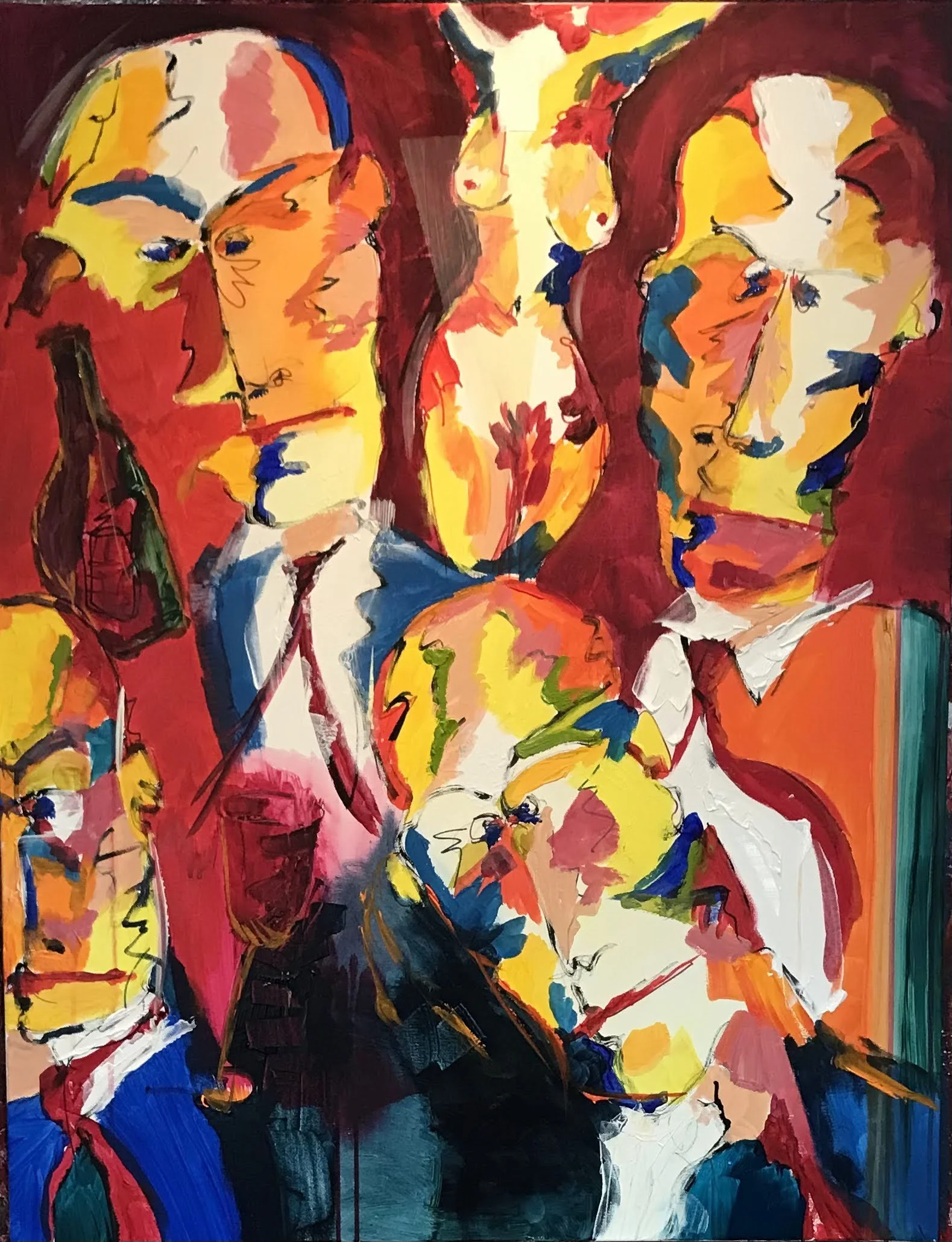 Abstract colorful painting of three women with varied faces, emphasizing bold brushstrokes and vivid colors like red, yellow, blue, and orange.