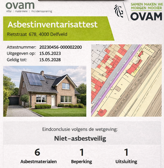 een inspectierapport voor asbest met een foto van een huis, een plattegrond en informatie over de beoordeling, uitgegeven door OVAM.