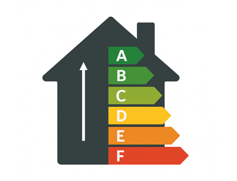 Afbeelding van een energielabel in de vorm van een huis met gekleurde balken van groen naar rood, van A tot F, die energie-efficiëntie aangeven.