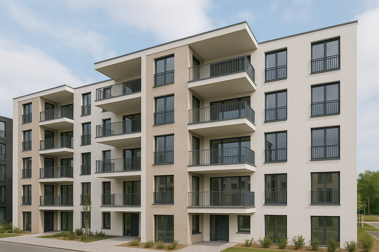Nieuw modern vijf verdiepingen tellend appartementencomplex met meerdere balkons, grote ramen en een kleine tuin vooraan.