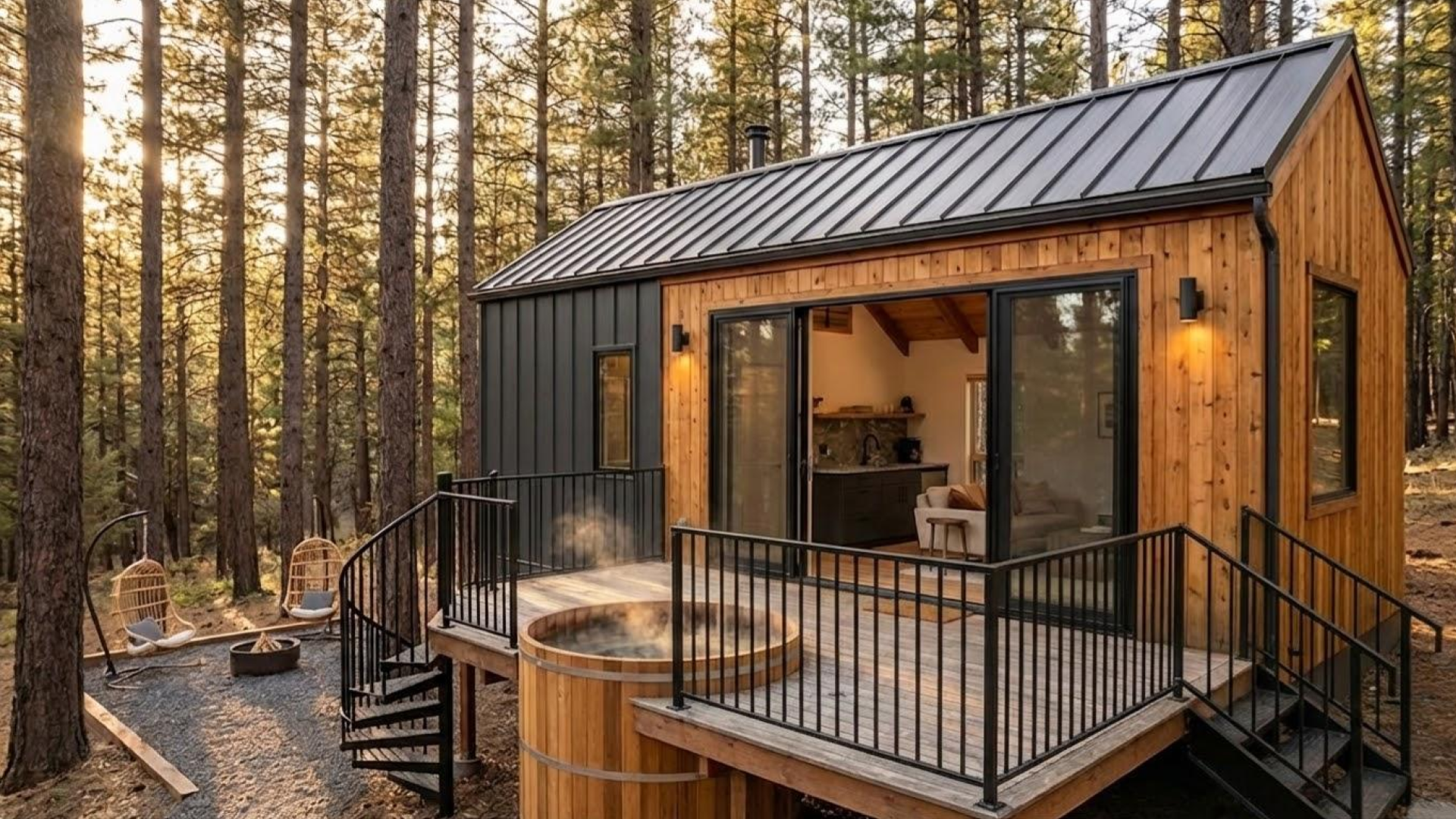 A small, modern cabin with a mix of black metal and natural wood siding features a large wooden deck with a round cedar hot tub, a fire pit, and a spiral staircase leading down to the forest floor, with sunlight filtering through the trees.