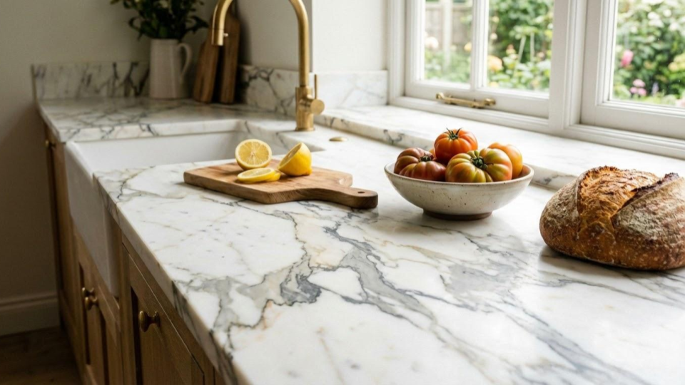 Luxury Carrara marble countertops, a favorite among bakers for its naturally cool surface perfect for rolling dough.
