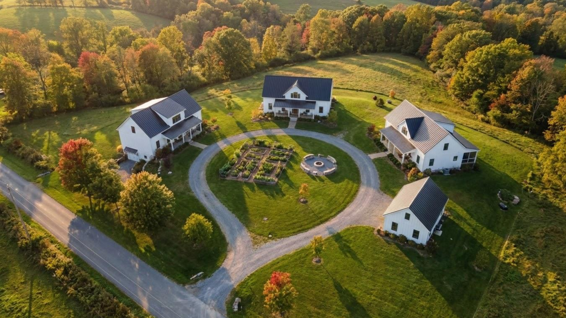 Aerial view of a family compound design featuring four white modern farmhouses clustered around a shared central vegetable garden and fire pit.