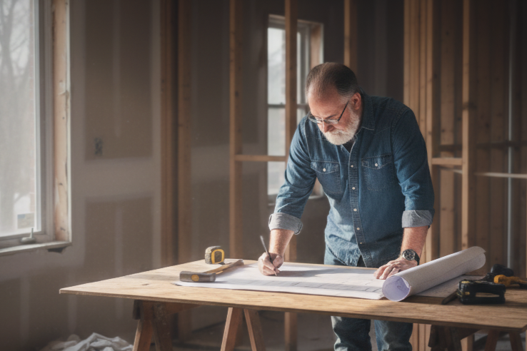 Residential designer Robert Smith reviewing architectural blueprints on a job site, demonstrating the "Builder’s Brain" approach to ensure constructability and structural integrity during the renovation process.