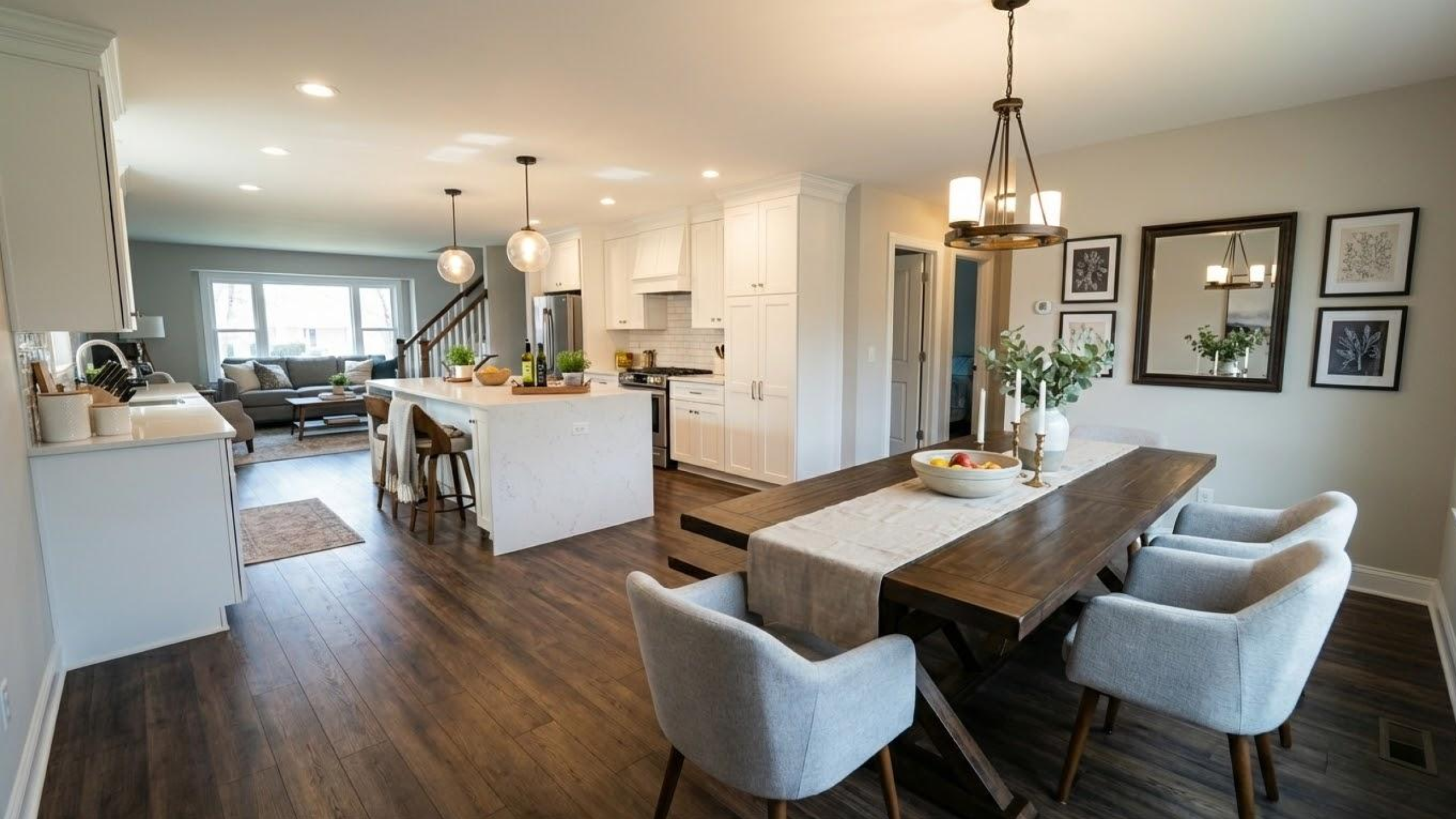 An open-concept whole home renovation connecting the dining area and kitchen with refinished hardwood floors and modern lighting.