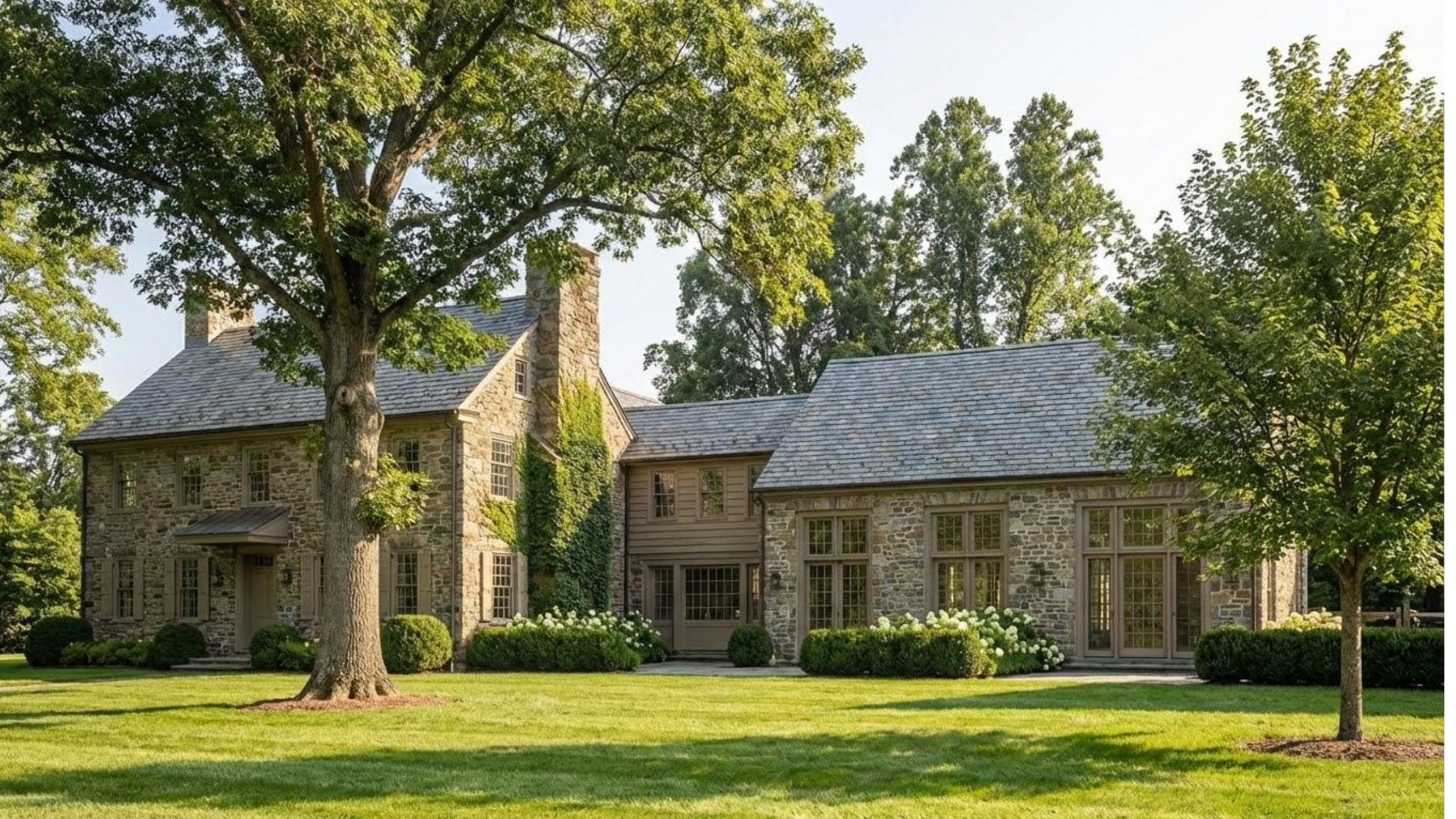 A historic stone estate featuring a seamless modern addition, large colonial-style windows, and lush professional landscaping