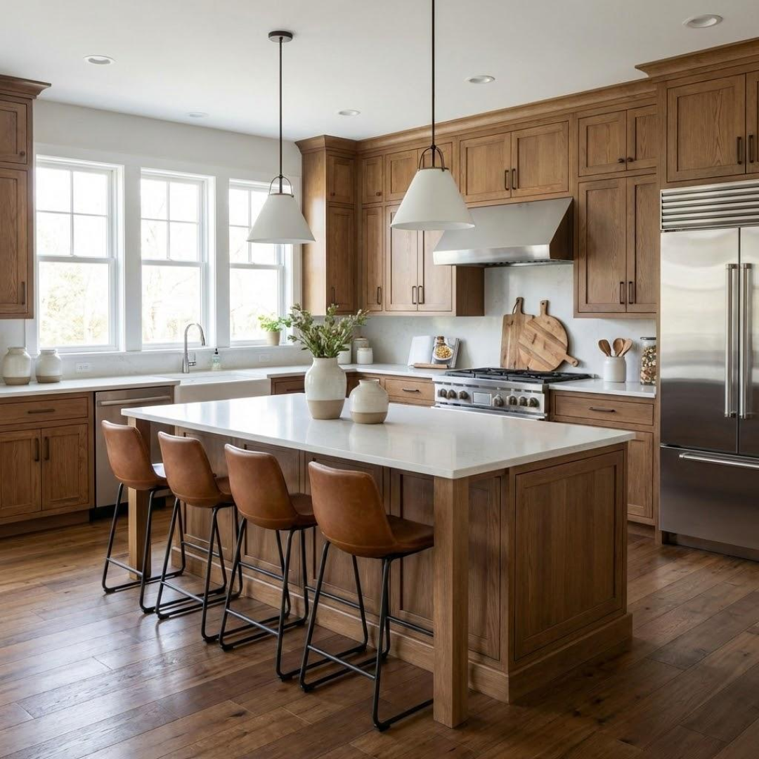 A custom luxury kitchen remodel featuring warm wood cabinetry, a large white quartz island with leather barstools, and modern white pendant lighting.