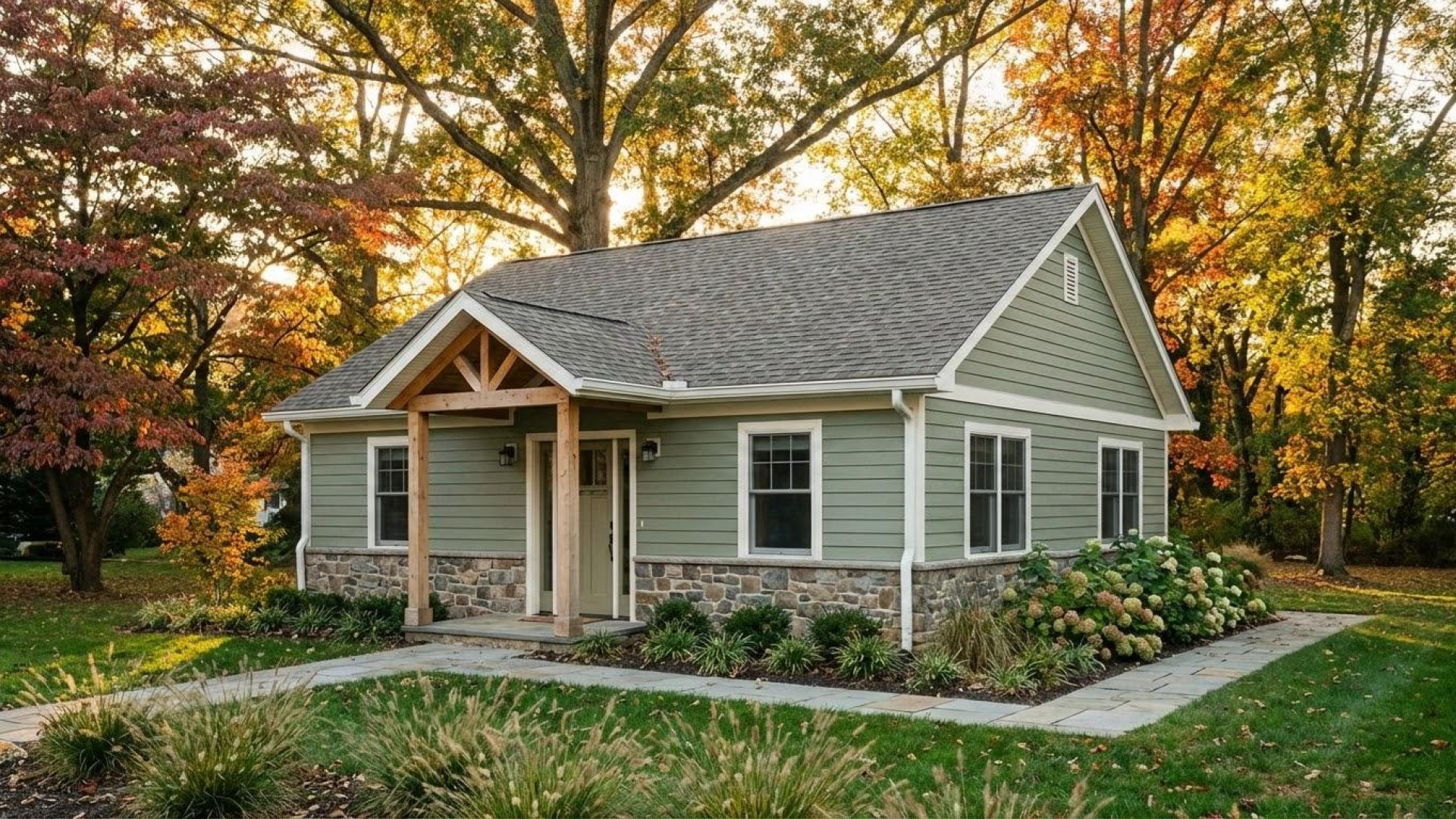 Exterior of a single-story detached in-law cottage in Pennsylvania featuring sage green siding, stone skirting, and an accessible zero-step front porch.