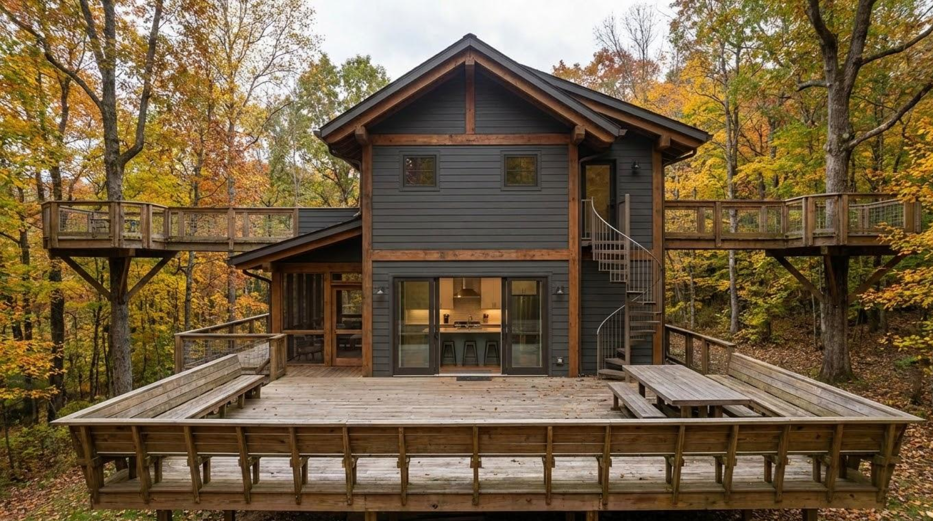 A unique treehouse-style cabin with dark wood siding and timber accents has a bridge connecting it to a separate platform, a large wooden deck with benches, and a spiral staircase, set in a forest during autumn.