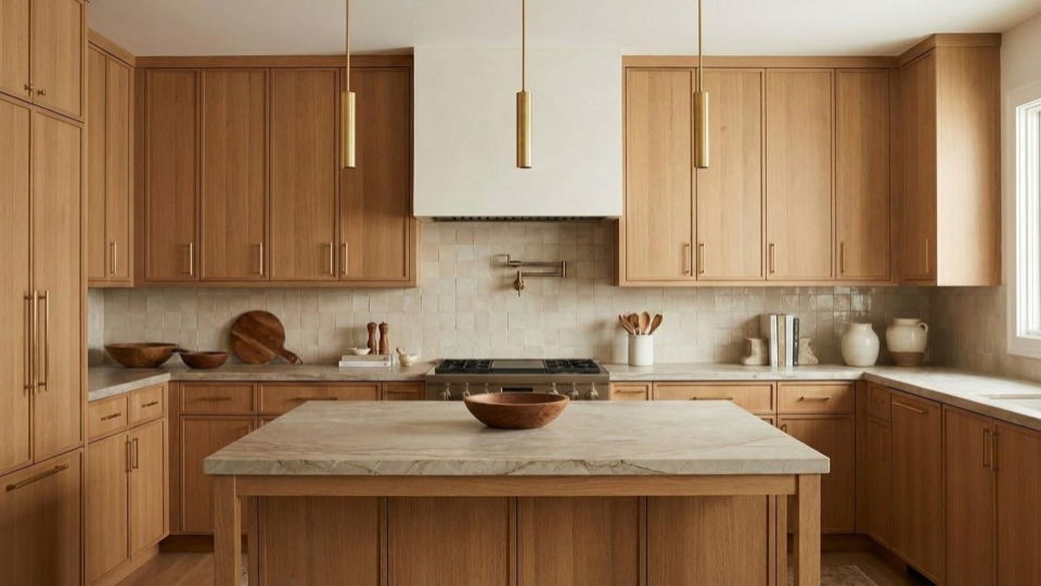 A modern kitchen featuring "Slim Shaker" or "Micro Shaker" cabinetry, the contemporary replacement for traditional wide-frame shaker doors.
