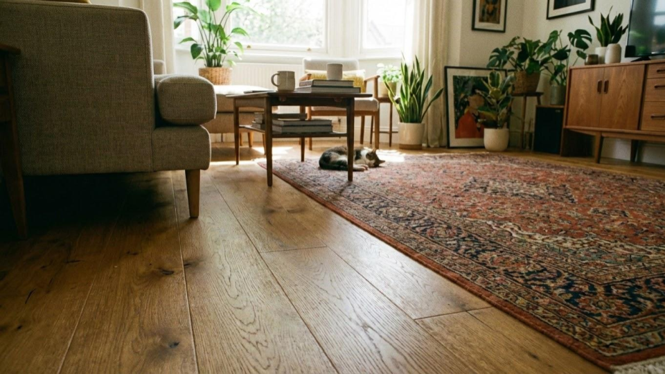 High-quality engineered hardwood flooring, offering the stability of modern materials with the authentic look and feel of real timber.