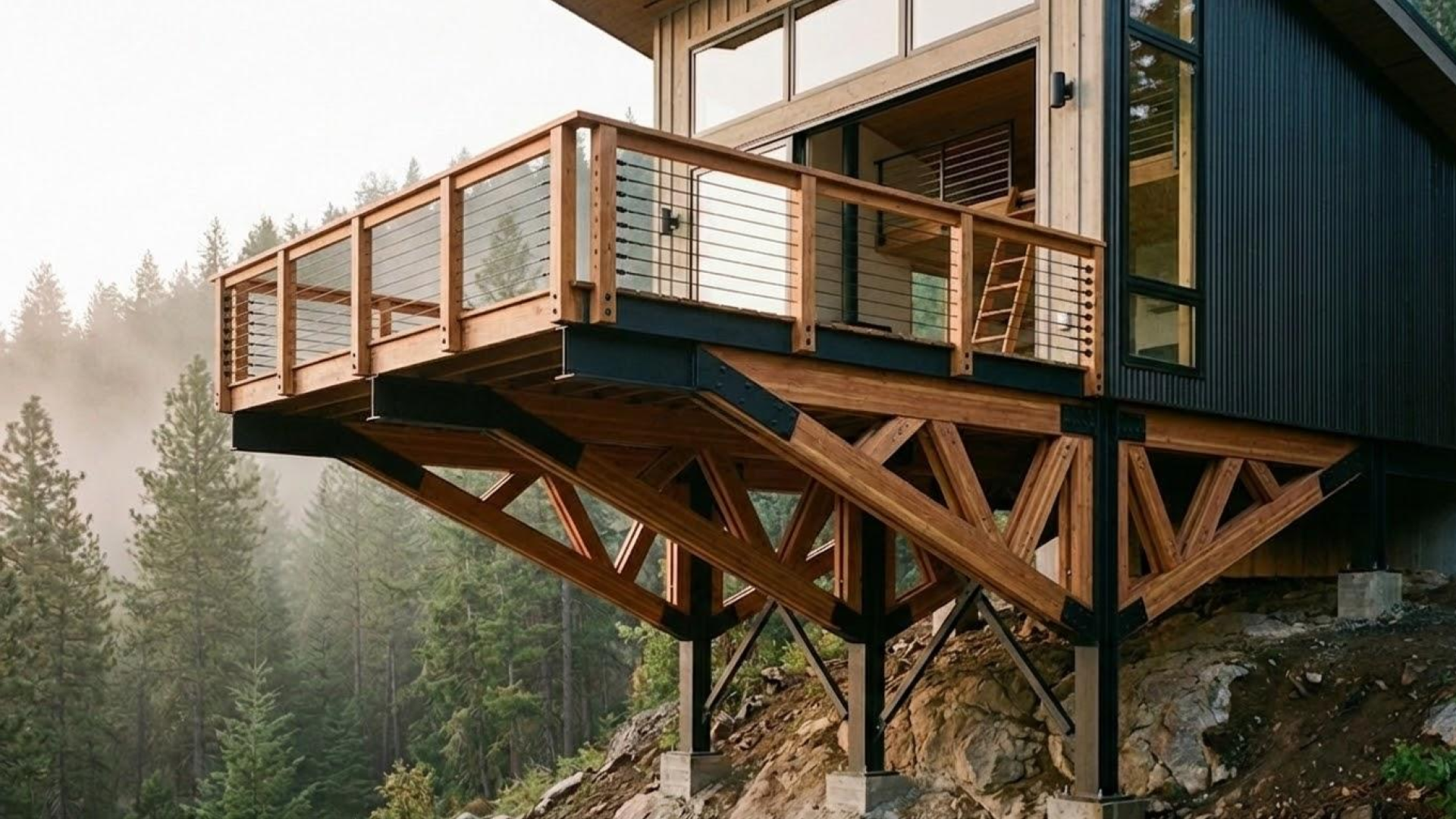 A modern cabin features a large wooden deck with cable railings that is cantilevered over a steep, rocky slope, supported by an intricate system of heavy timber trusses and steel brackets, overlooking a foggy forest.