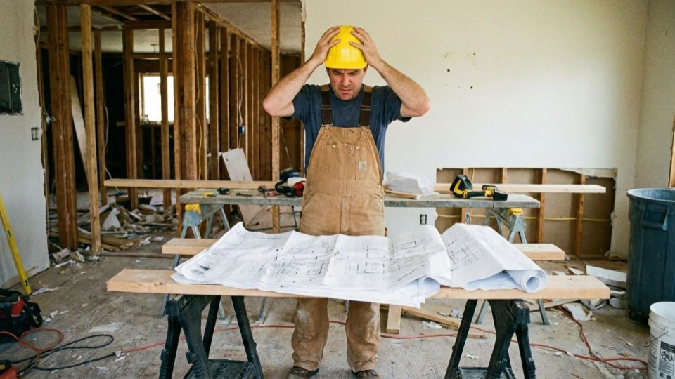 A frustrated general contractor dealing with vague "Verify In Field" (VIF) notes on a set of blueprints, illustrating the cost of lazy architectural design.  2. The Author Headshot