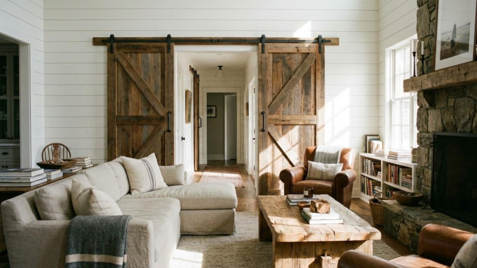 A living room featuring white shiplap walls and sliding barn doors—once popular interior design trends that are fading in favor of timeless architectural details in 2025.