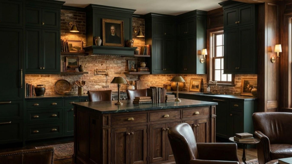 A bold kitchen design featuring "Heirloom" colors like deep Forest Green and Navy, creating a furniture-style look for islands and pantries.