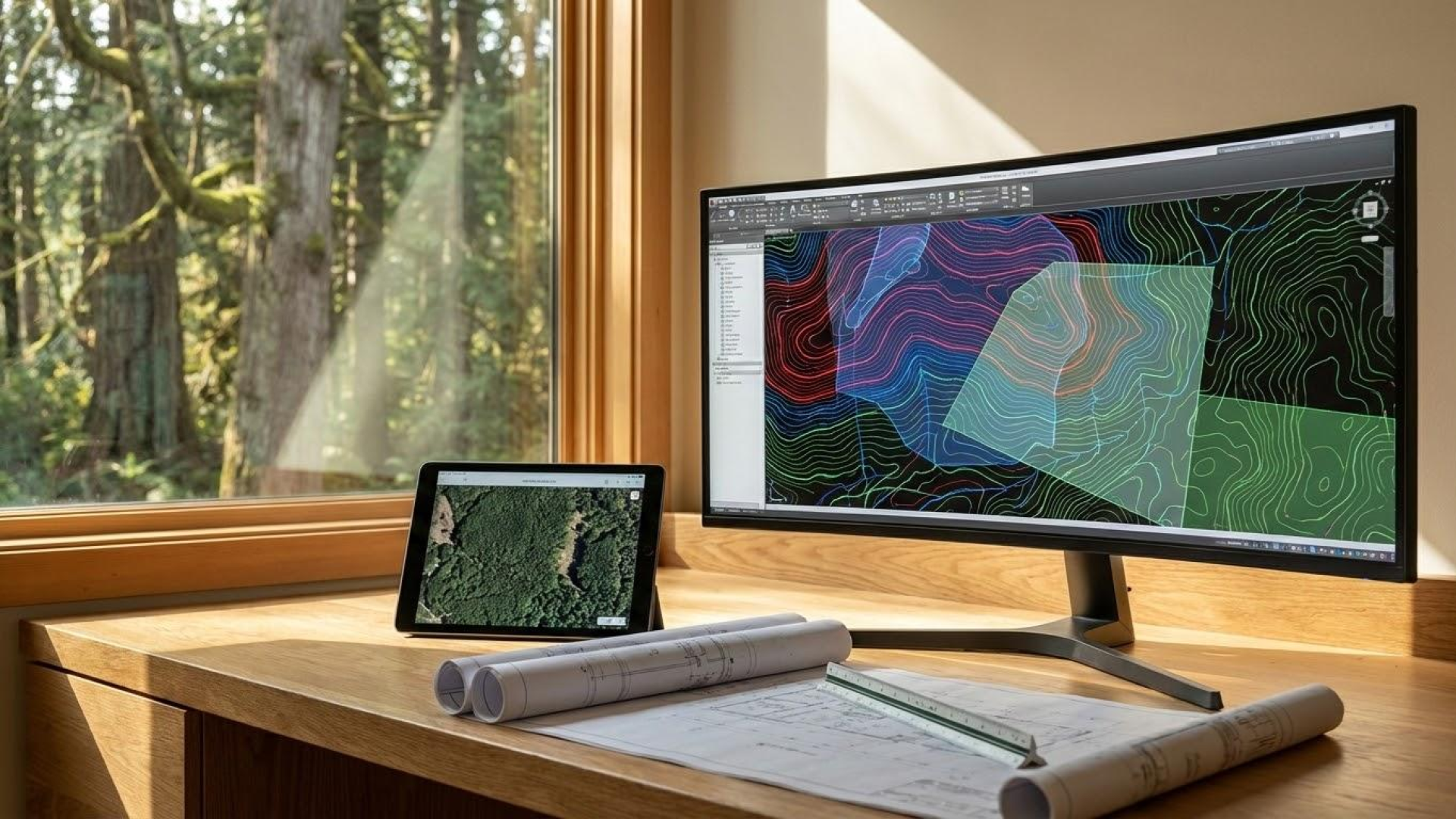An architect's desk with a large computer monitor displaying a colorful topographical map, a tablet showing an aerial forest view, and rolled-up blueprints, positioned in front of a window with a view of a forest.