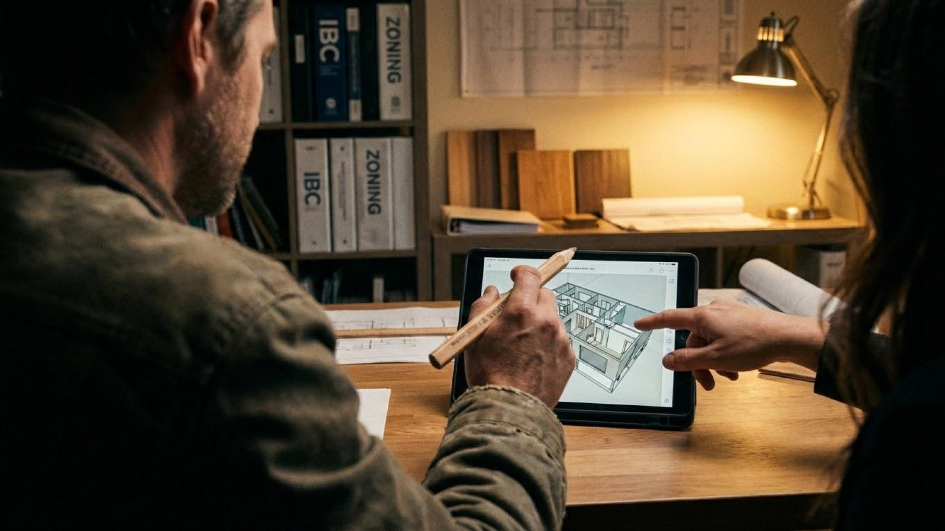 Two people reviewing a digital 3D house floor plan on a tablet at a wooden desk, with architectural drawings and books nearby, in an office with a shelf of binders and a desk lamp.