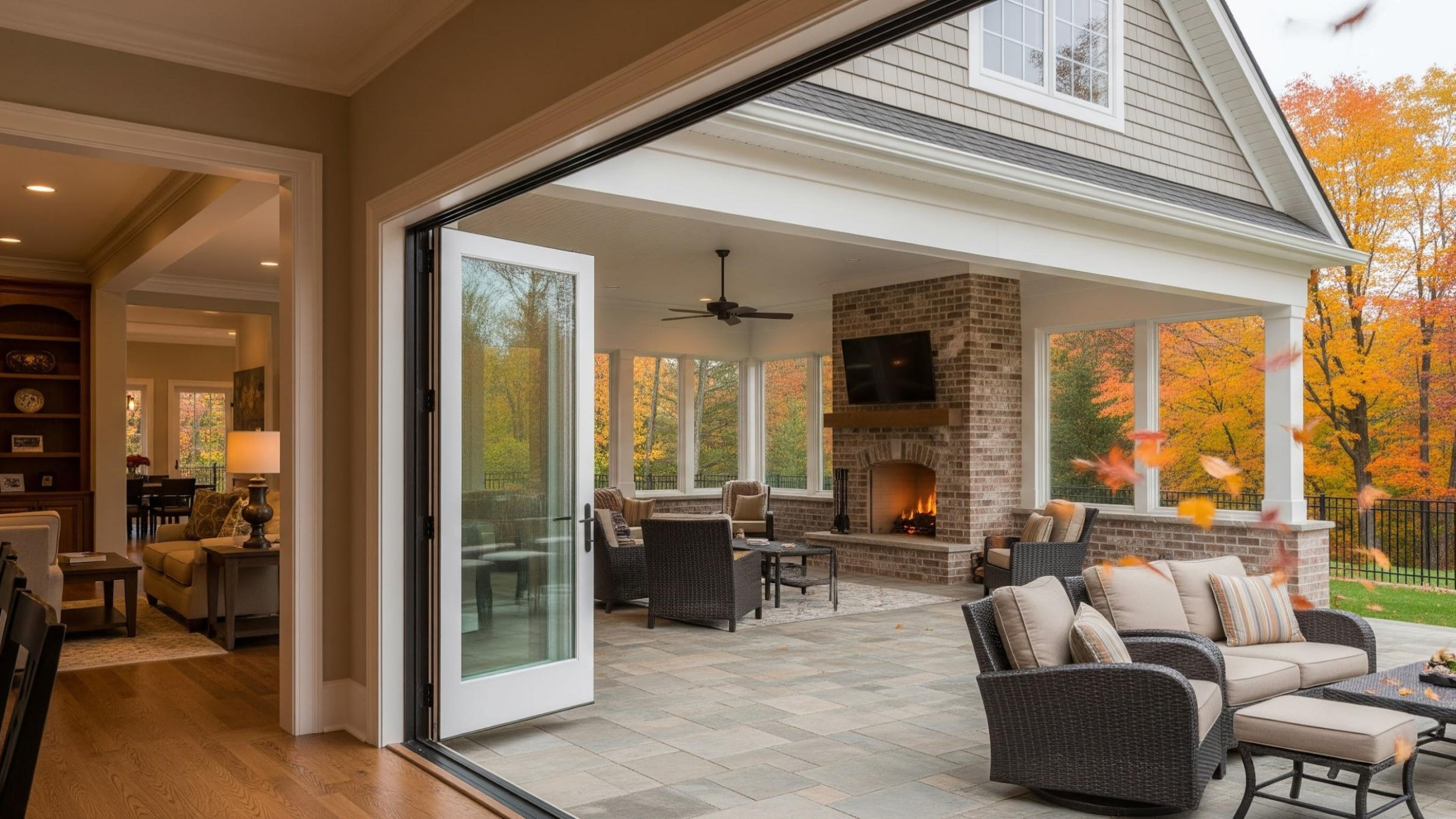 View of a covered outdoor patio with brick fireplace, seating area, and large windows overlooking fall foliage.