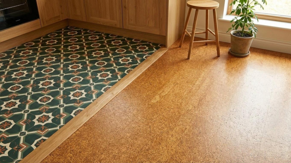 Eco-friendly Marmoleum and Cork flooring, offering a soft, sustainable, and historically authentic option for kitchens and living spaces.