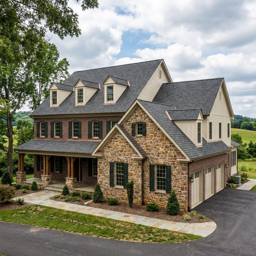 A large, multi-story custom new home featuring traditional Pennsylvania stone and brick exterior, architectural dormers, and a three-car garage