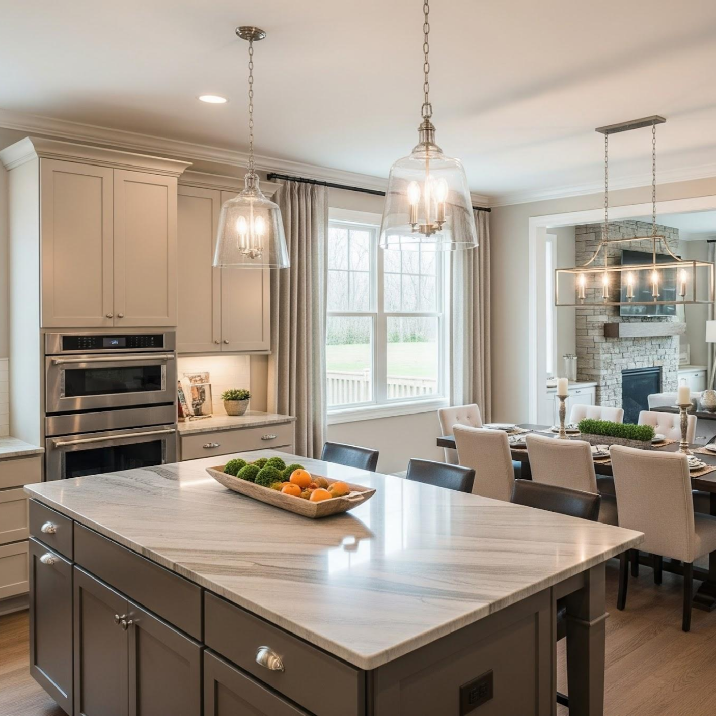 A modern kitchen and dining area with a large island, light-colored cabinets, and a window with curtains. There are two pendant lights above the island and a chandelier over the dining table, which has beige chairs and a centerpiece. A fireplace with a stone surround is visible in the background.