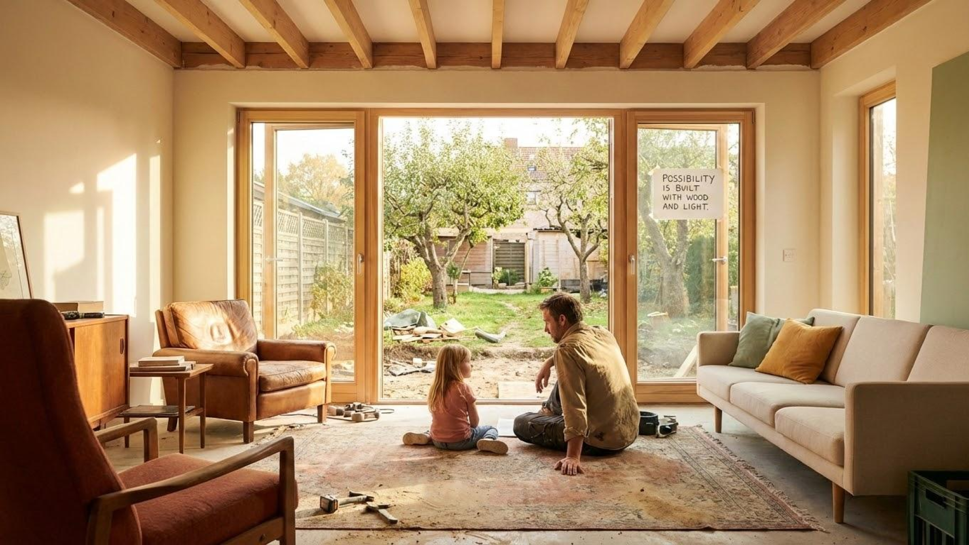 A living room with large glass doors opening to a garden; man and young girl sitting on the floor, facing each other, with tools scattered around. Sign on door reads 'Possibility is built with wood and light.'