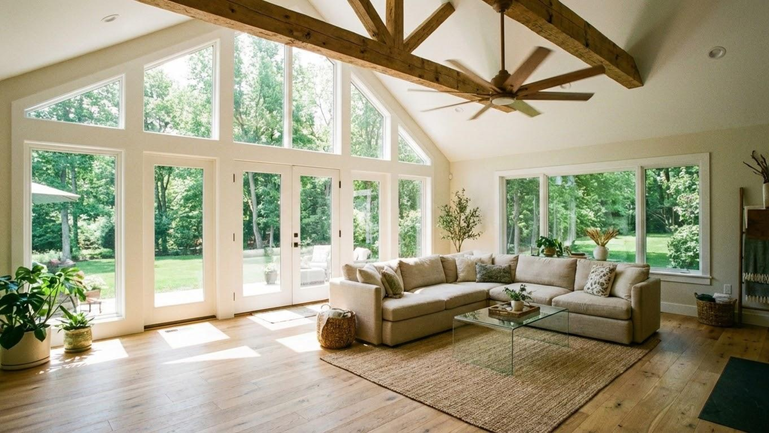 A sun-filled living room addition featuring high vaulted ceilings, exposed wooden structural beams, and large architectural windows.