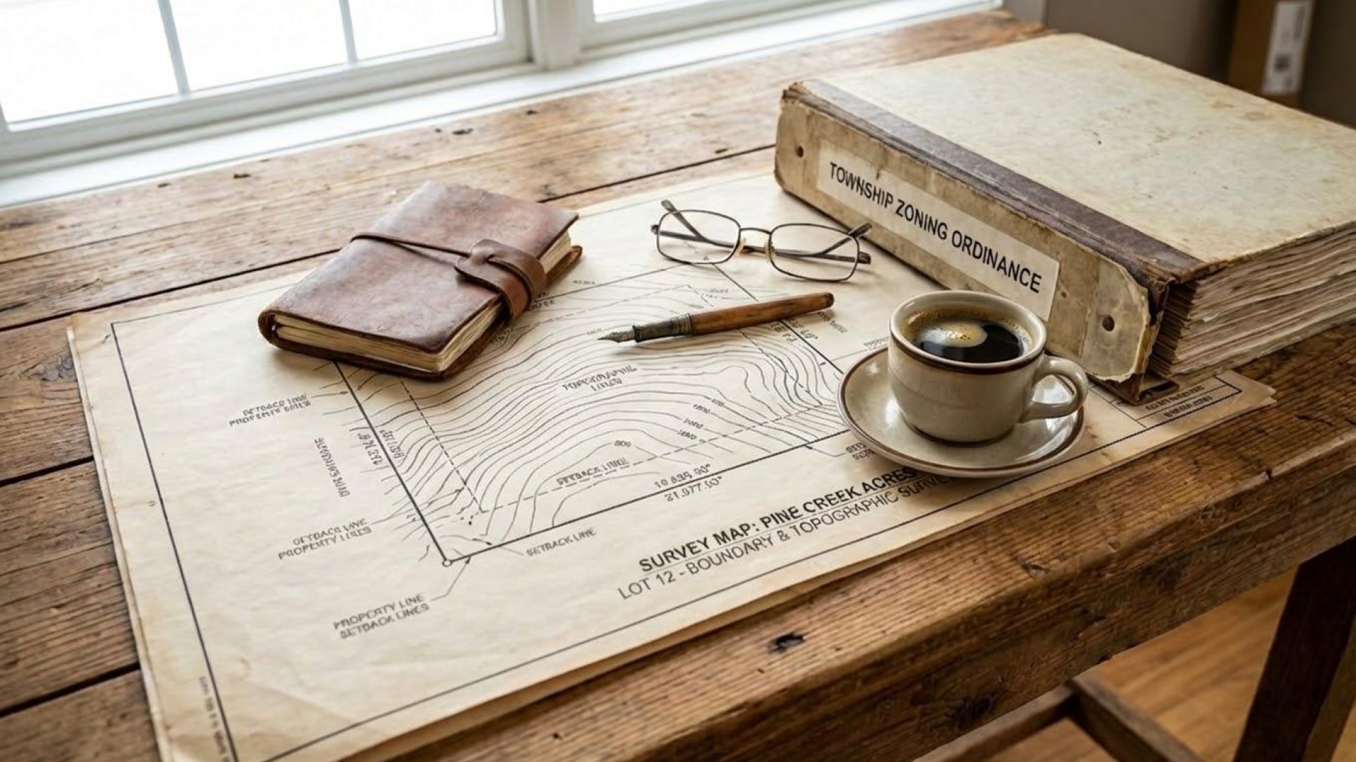 A topographic land survey map and a binder labeled Township Zoning Ordinance sitting on a desk, representing the property due diligence phase.