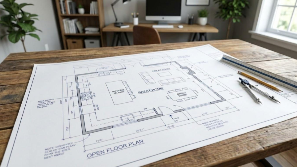 Architectural blueprints comparing a modern open floor plan with a "broken plan" layout, illustrating the structural and aesthetic benefits of defined rooms and cased openings.