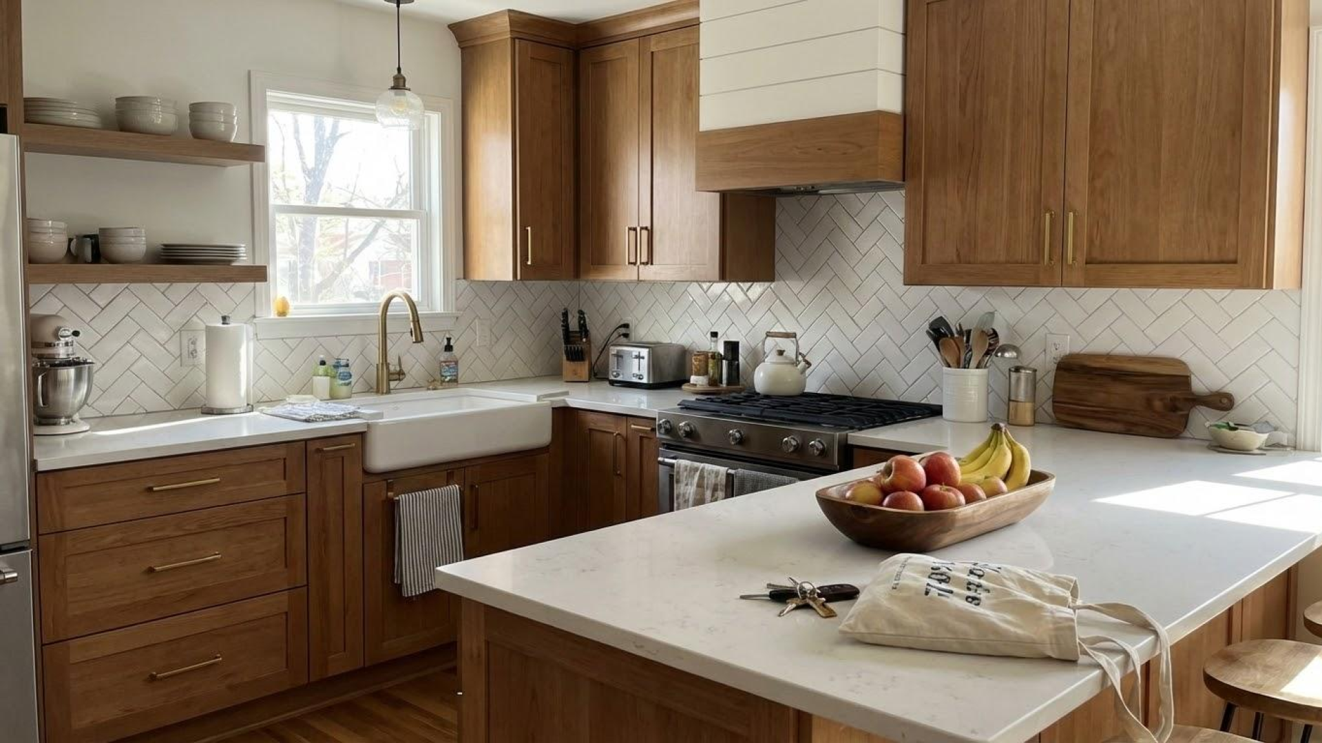 Kitchen with wooden cabinets, white countertops, a window above the sink, and a white farmhouse sink. A bowl of fruit, a tote bag, and keys are on the island. Open shelves with dishes and glasses, a toaster, and kitchen utensils are visible.
