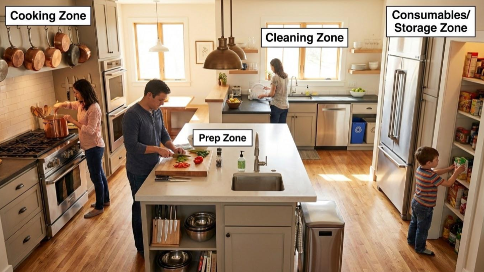 A modern kitchen layout diagram illustrating the "Work Zones" concept: separate functional areas for Prep, Cooking, Cleaning, and Storage.
