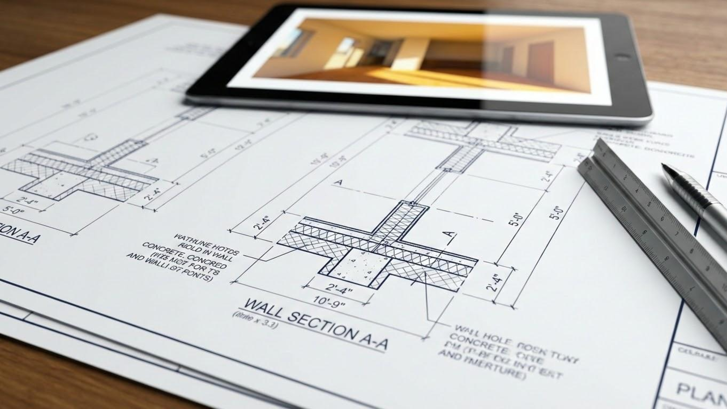 Architectural blueprint with measurements and construction notes, a rolled drawing, a pen, a ruler, and a tablet displaying a room interior, on a wooden surface.