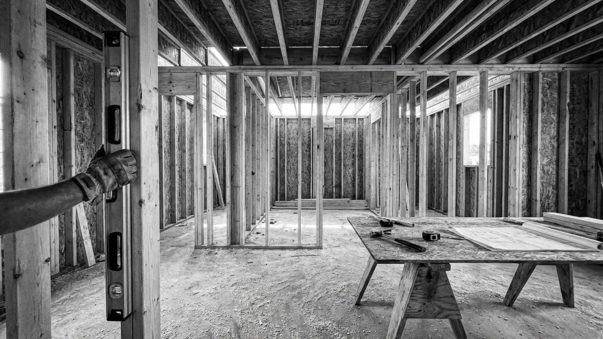 Interior of a building under construction with wooden framing, a work table, and hand tools.