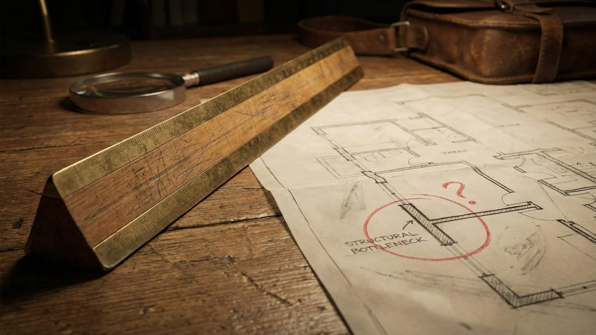 Architectural blueprint on a wooden table, with a ruler, magnifying glass, and leather bag nearby.