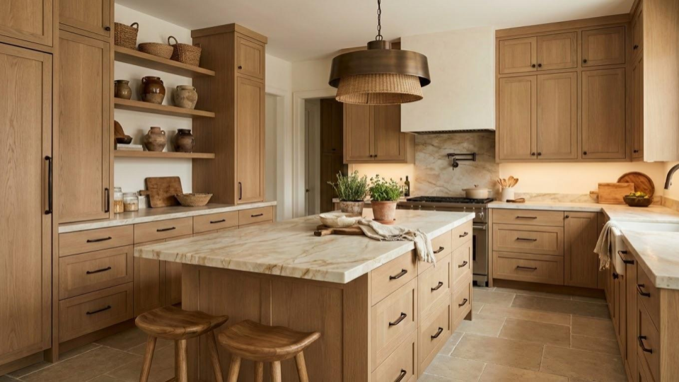A luxury kitchen design featuring natural White Oak and Walnut cabinetry, highlighting the 2026 trend of organic warmth over sterile white.