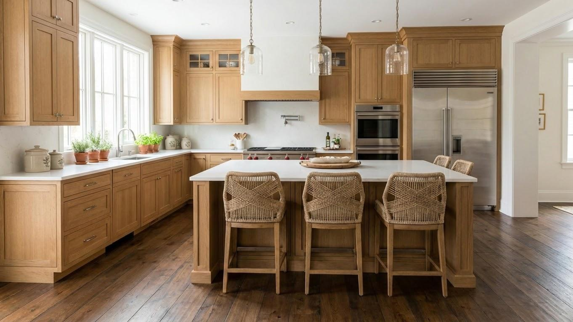Completed kitchen remodel featuring light wood stained cabinetry, a large white quartz island with wicker barstools, stainless steel appliances, and elegant glass pendant lighting.